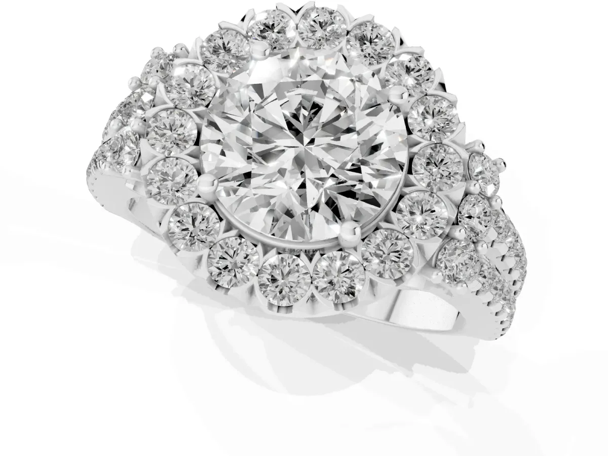 Round Cut Cut Double Halo Diamond Engagement Ring with Pave Band and Four-Prong Setting Platinum