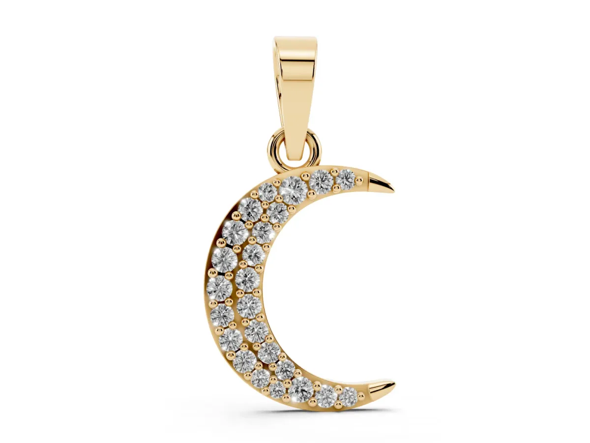 Pavé Round Diamond Crescent Pendant with Four-Prong Setting Yellow gold