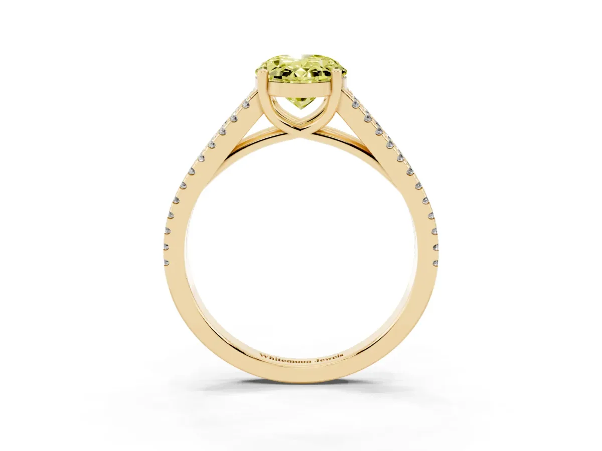 Fancy Yellow Oval Cut Diamond Solitaire Engagement Ring with Split Shank Pavé Band Yellow gold