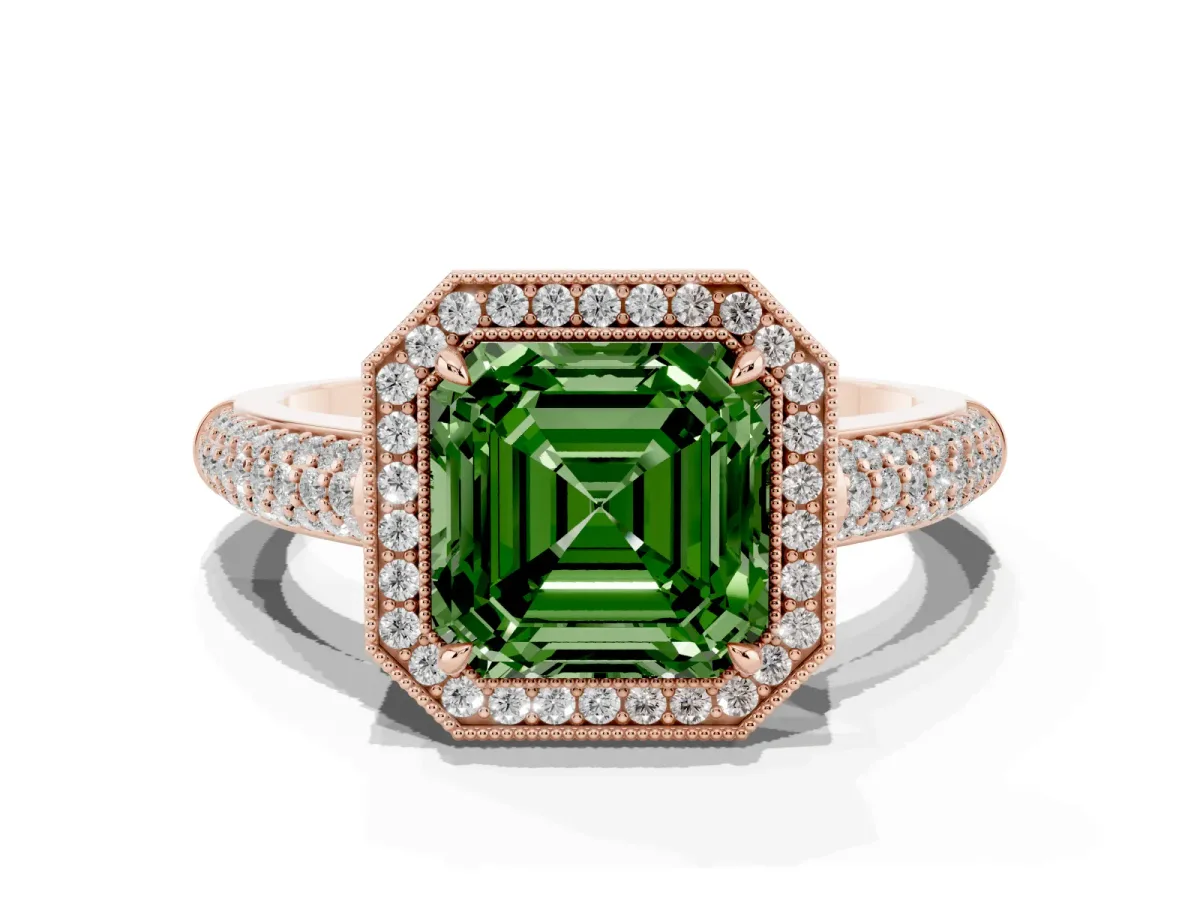 Fancy Green Asscher Cut Cut Halo Diamond Pave Band with Four-Prong Setting Rose gold
