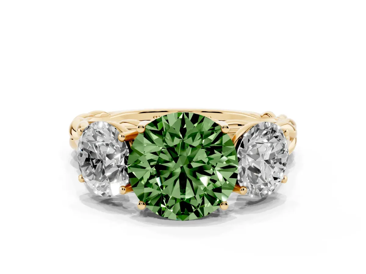 Fancy Green Three-Stone Round Cut Diamond Braided Band Ring with Four-Prong Setting Yellow gold
