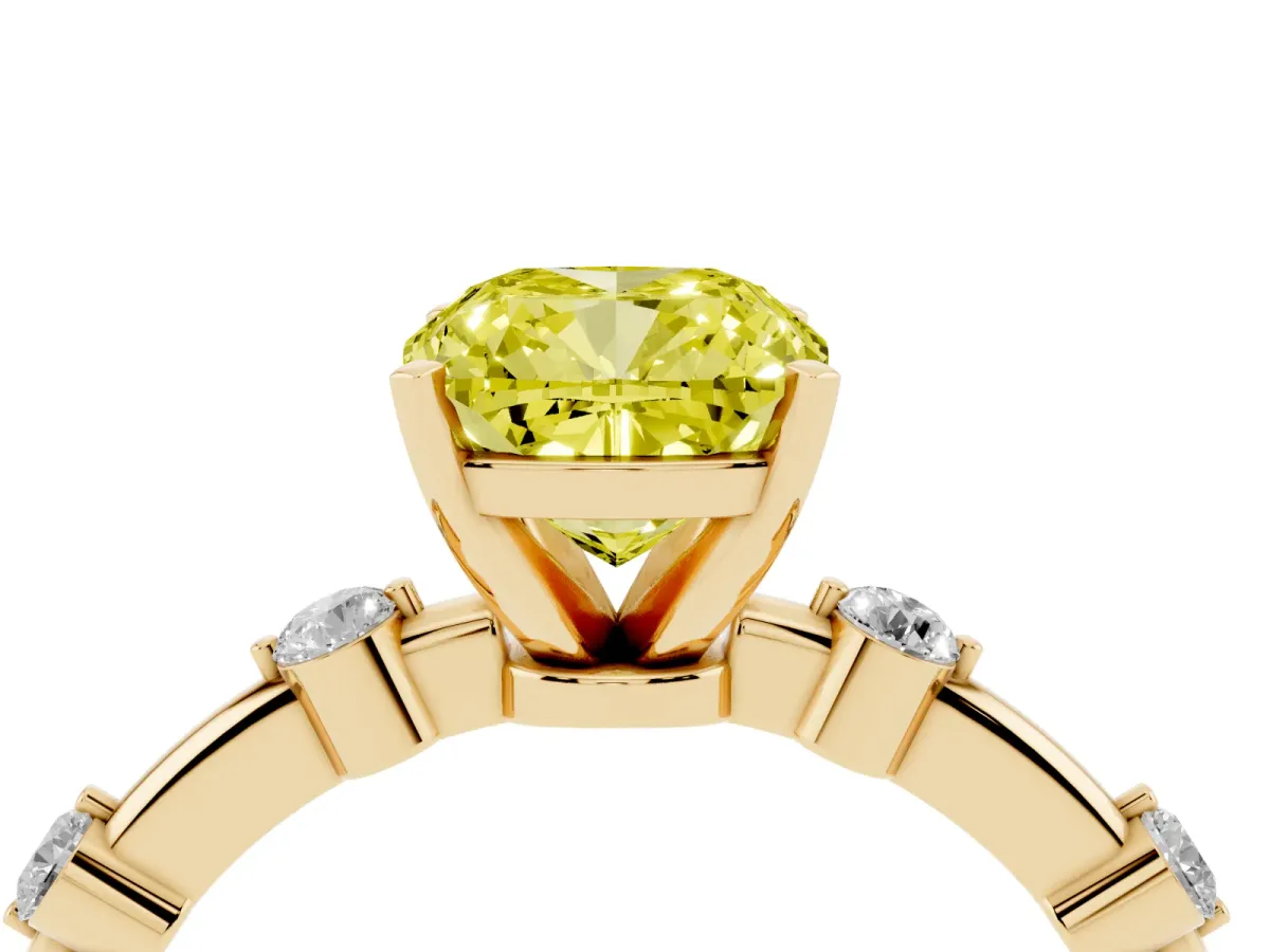 Fancy Yellow Cushion Cut Solitaire Diamond Ring with Bezel Set Side Stones and Prong Setting Yellow gold