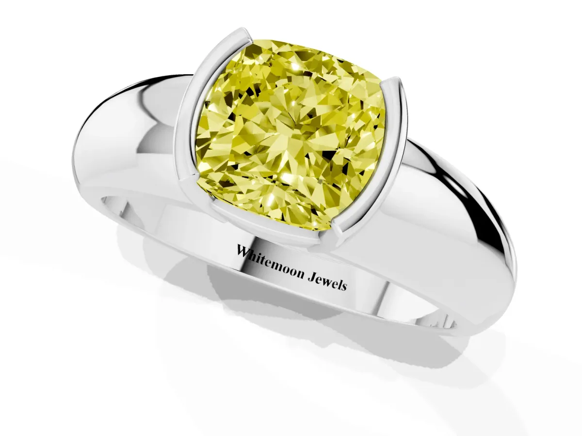 Fancy Yellow Cushion Cut Solitaire Tension Set Diamond Ring with Wide Band Platinum