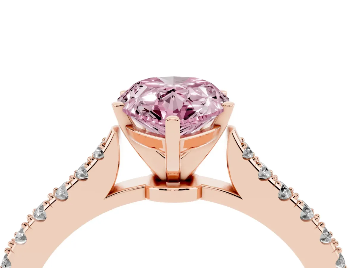 Fancy Pink Pear Cut Cut Solitaire Diamond Engagement Ring with Pave Band and Four-Prong Setting Rose gold