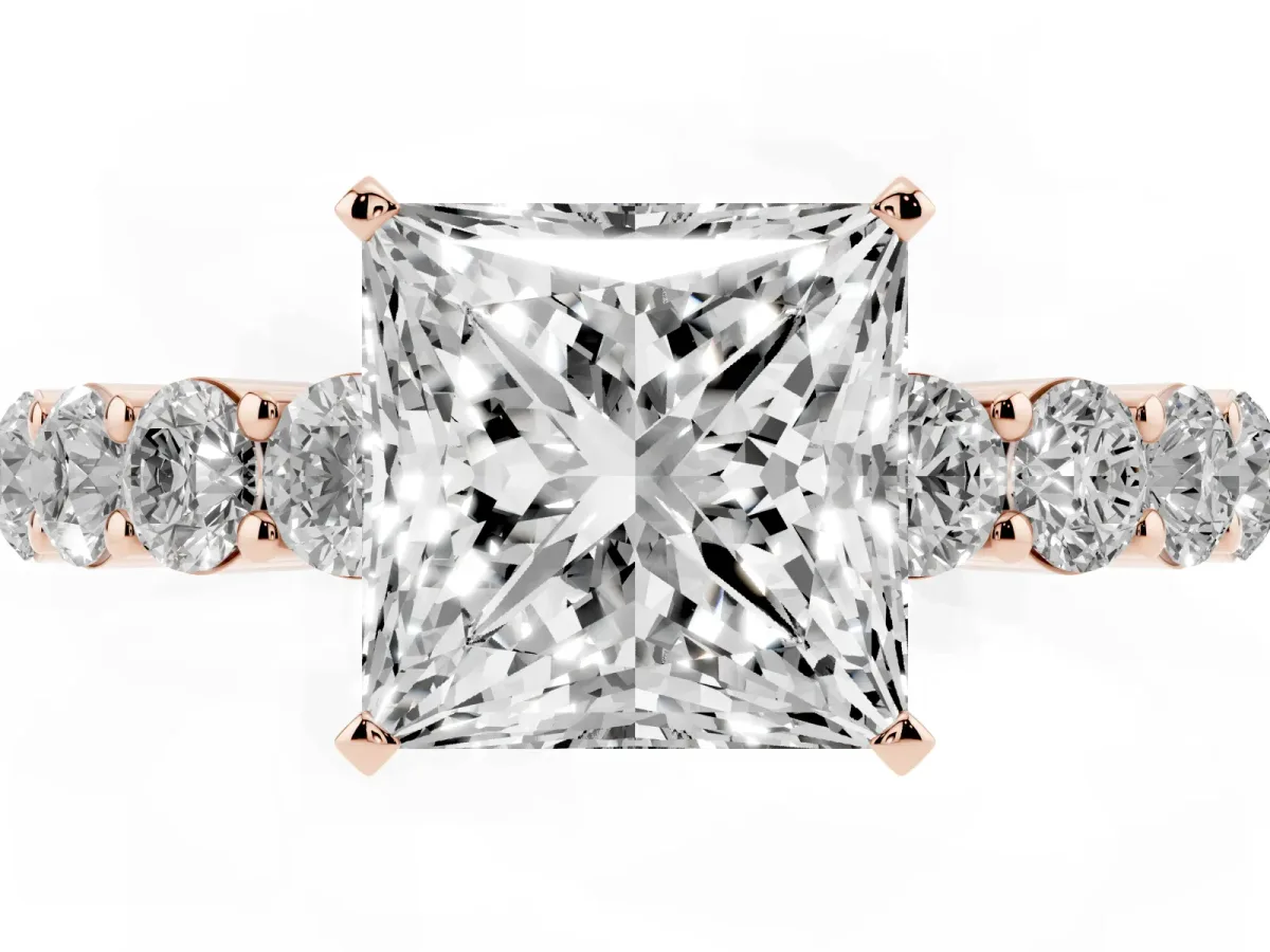 Princess Cut Diamond Solitaire Ring with Shared Prong Round Side Stones Rose gold