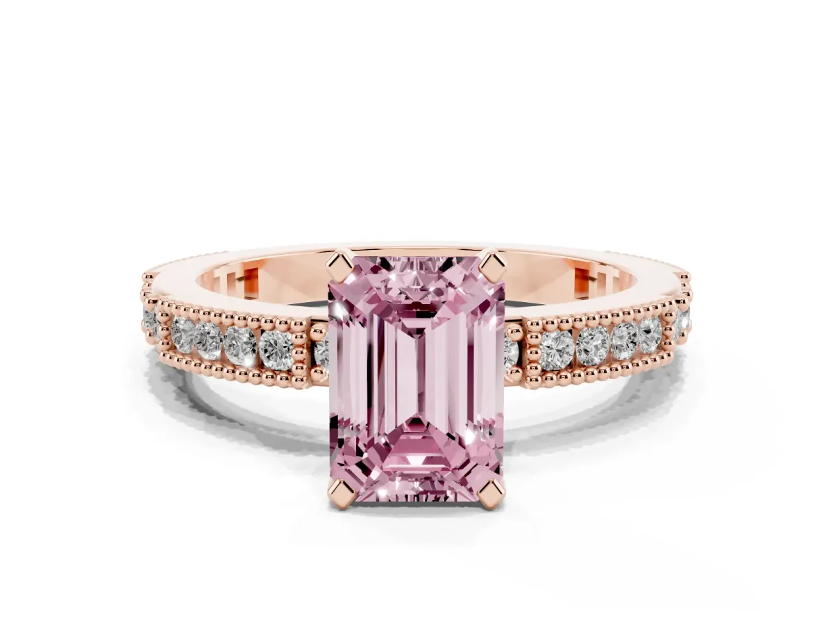 Fancy Pink Emerald Cut Solitaire with Pavé Band and Four-Prong Setting Rose gold