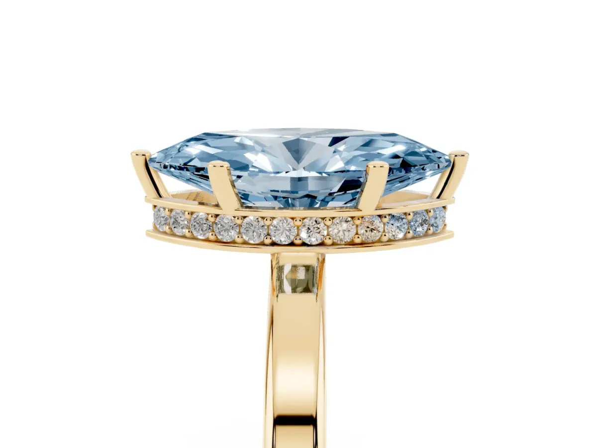 Fancy Blue Marquise Cut Cut Solitaire Engagement Ring with Four-Prong Setting on a Classic Band Yellow gold
