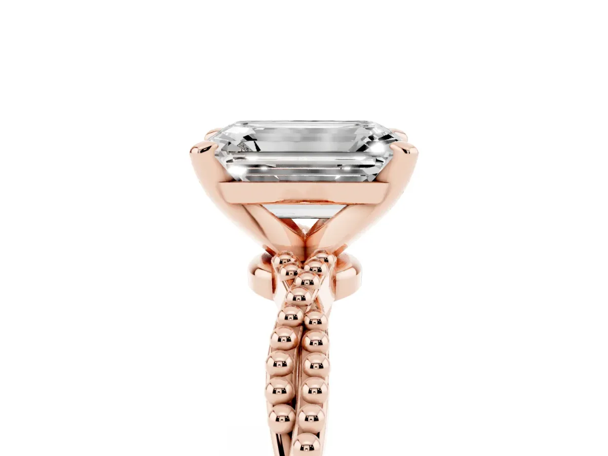 Emerald Cut Solitaire Twisted Band with Bead Prong Setting Rose gold