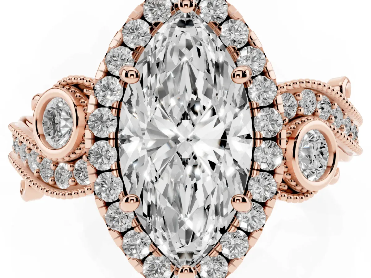 Marquise Cut Halo Diamond Ring with Milgrain and Bezel Accents on a Split Shank Band Rose gold