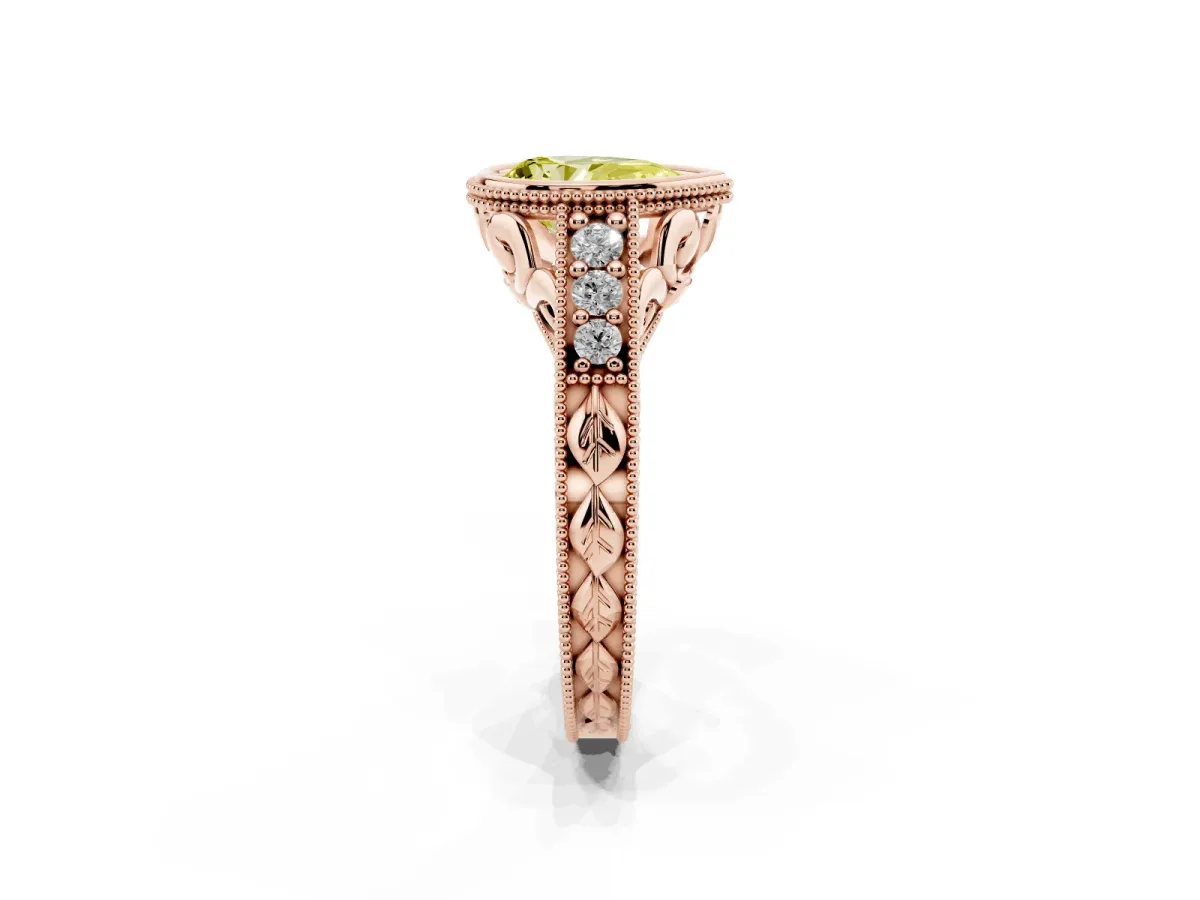 Fancy Yellow Bezel Set Pear Cut Diamond Milgrain Pave Engagement Ring Rose gold