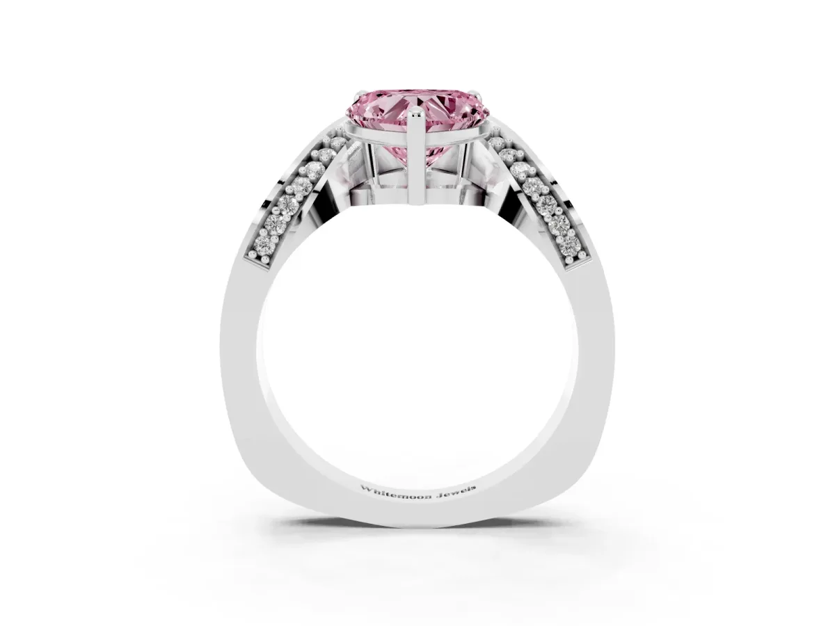 Fancy Pink Heart Cut Solitaire Diamond Engagement Ring with Pave Band and Four-Prong Setting Platinum