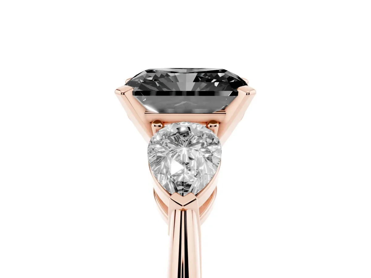 Fancy Black Three-Stone Radiant Cut Diamond Ring with Pear Side Stones and Four-Prong Setting Rose gold