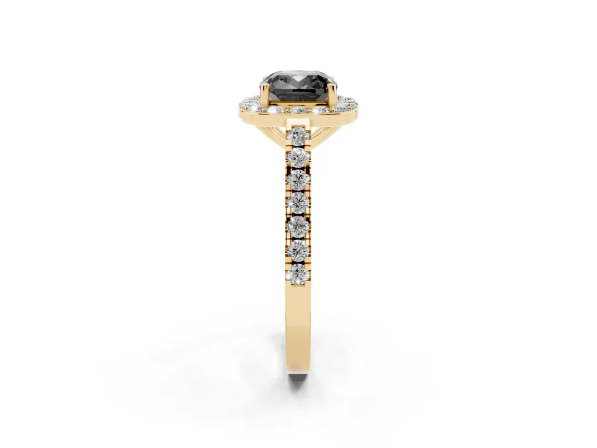 Fancy Black Cushion Cut Diamond Halo Ring with Round Pavé Split Shank and Prong Setting Yellow gold