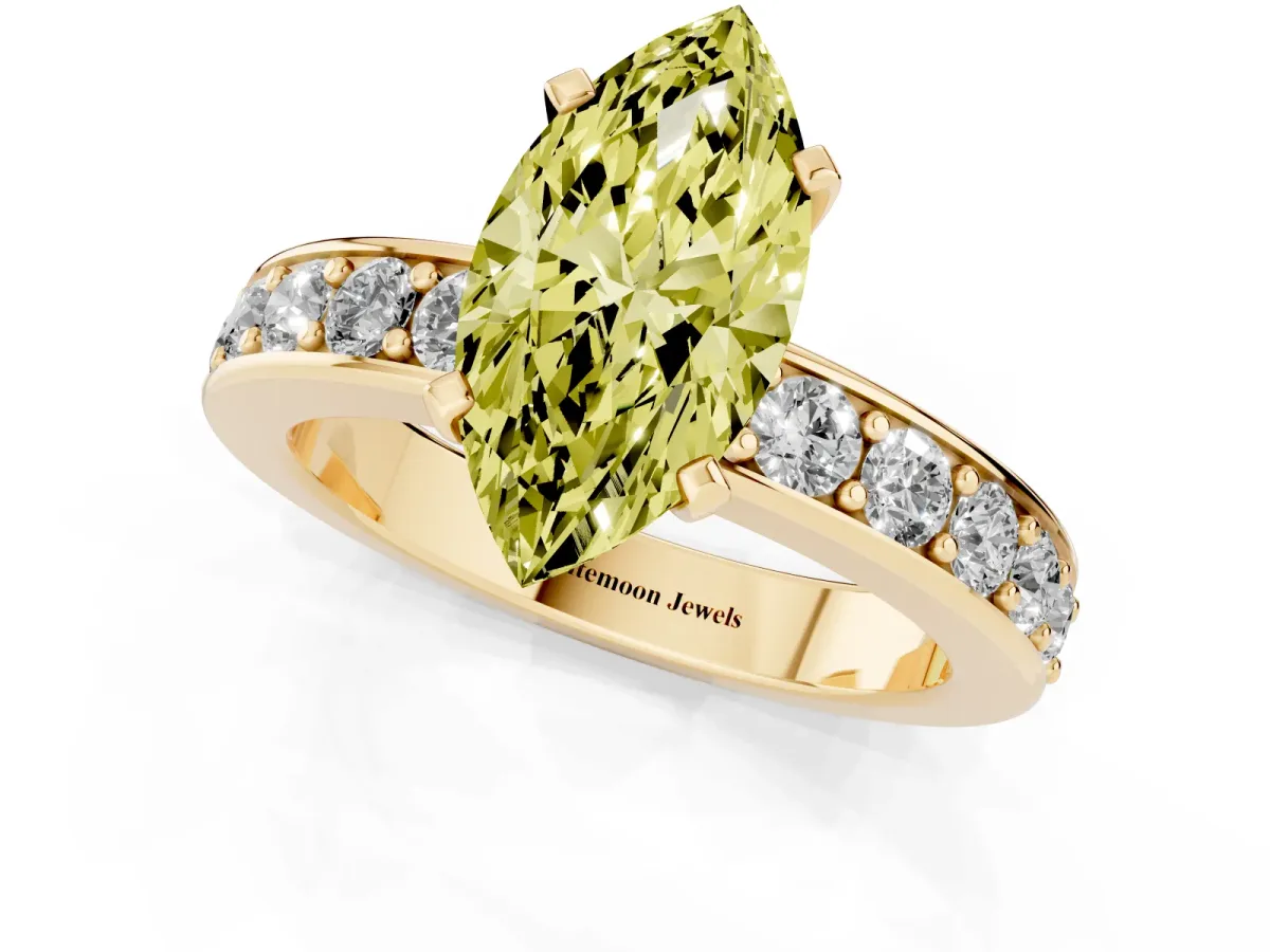 Fancy Yellow Marquise Cut Diamond Engagement Ring with Channel Set Round Band and Prong Setting Yellow gold