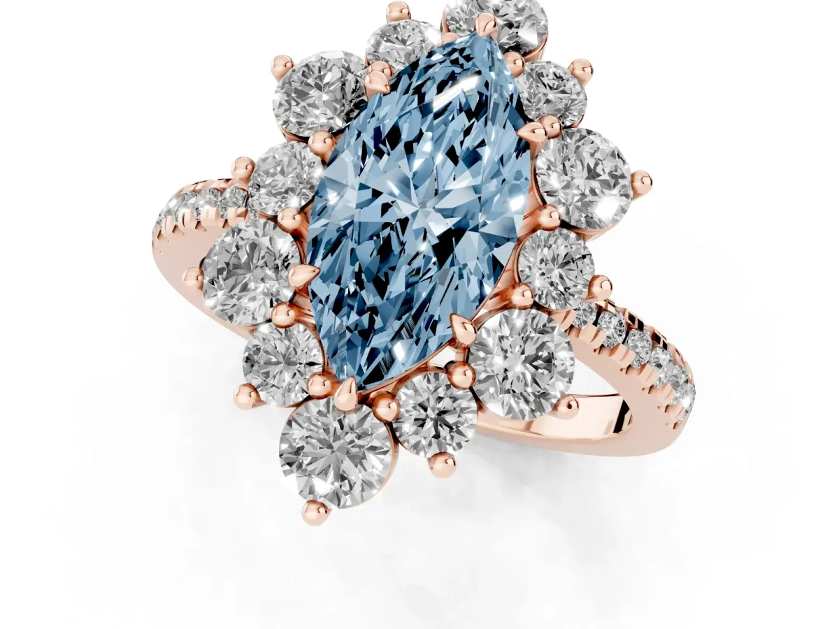 Fancy Blue Marquise Cut Diamond Floral Halo Ring with Round Pavé Band and Prong Setting Rose gold