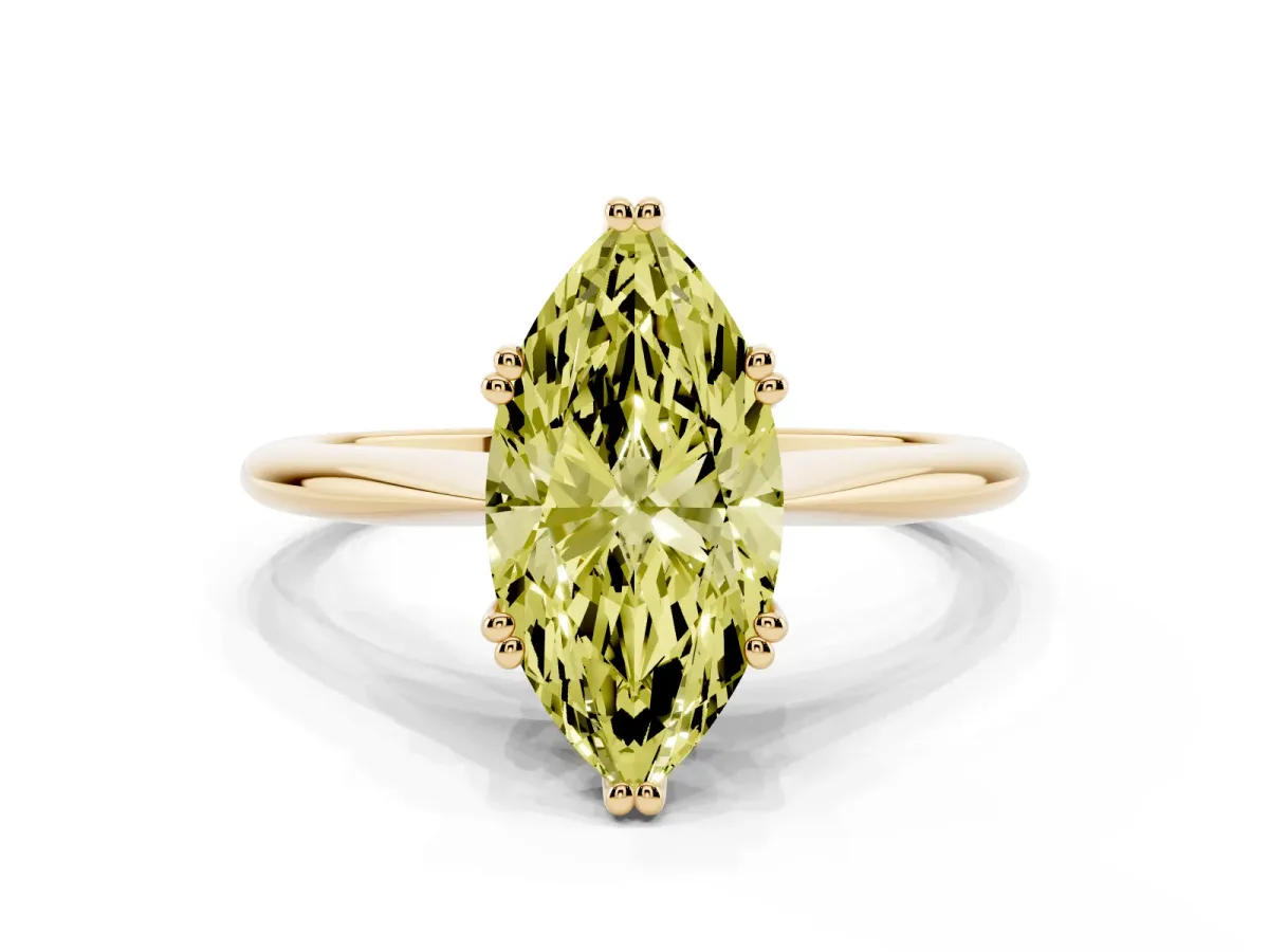 Fancy Yellow Marquise Cut Solitaire Diamond Ring with Six-Prong Setting and Classic Band Yellow gold