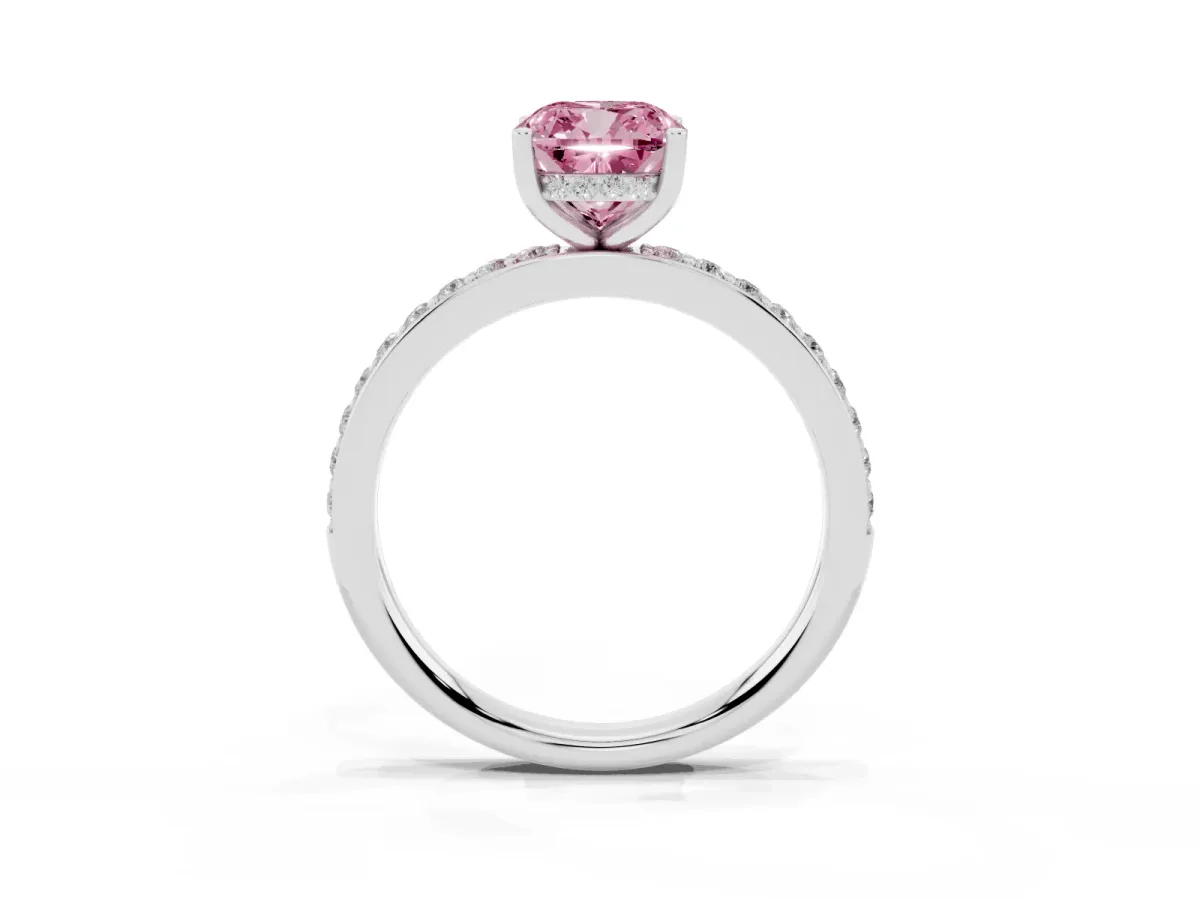 Fancy Pink Cushion Cut Cut Diamond Pavé Band Ring with Four-Prong Setting Silver