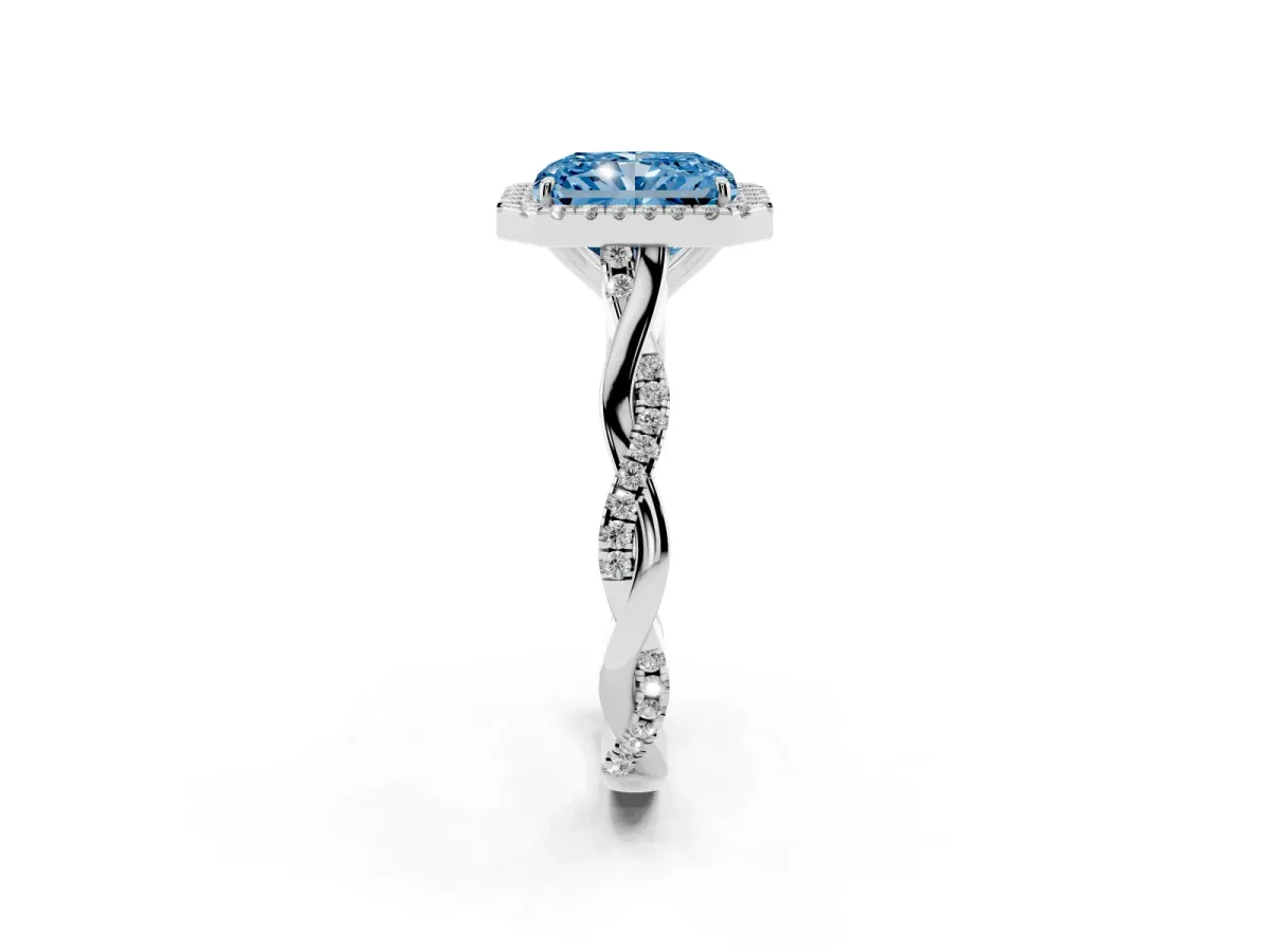 Fancy Blue Radiant Cut Halo Twist Band Solitaire Ring Silver