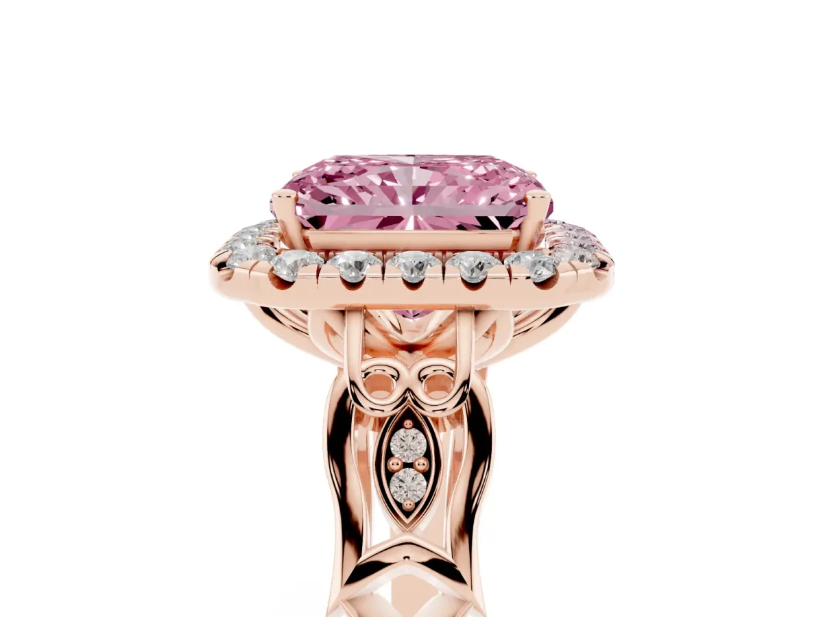 Fancy Pink Radiant Cut Halo Diamond Engagement Ring with Filigree Band and Four-Prong Setting Rose gold