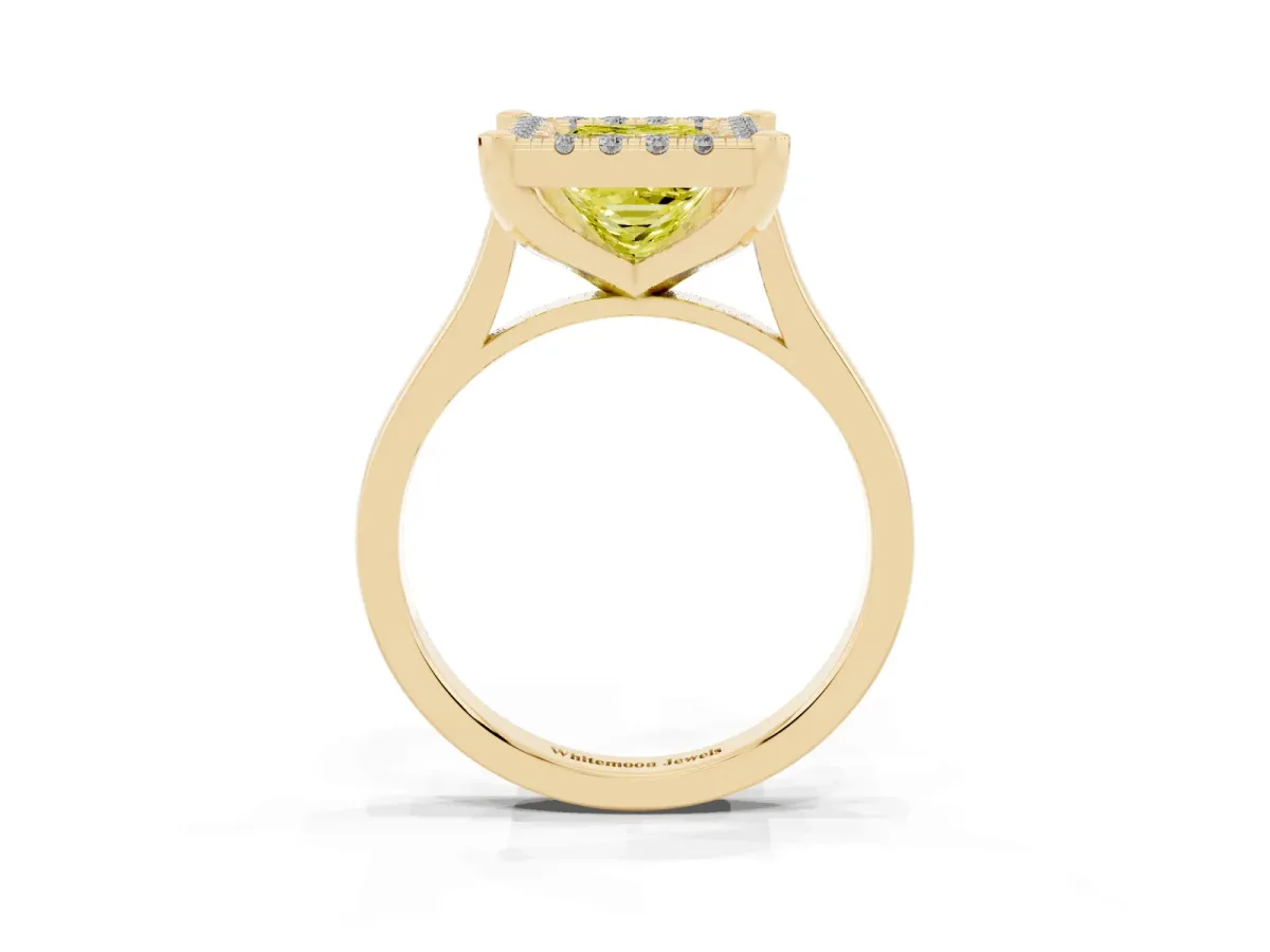 Fancy Yellow Princess Cut Diamond Cluster Halo Solitaire with Four-Prong Setting Yellow gold