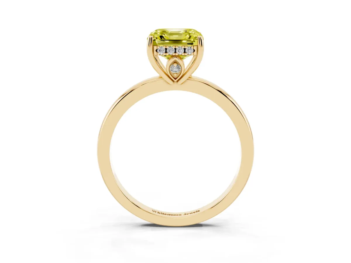 Fancy Yellow Asscher Cut Solitaire Diamond Ring with Prong Setting and Plain Band Yellow gold