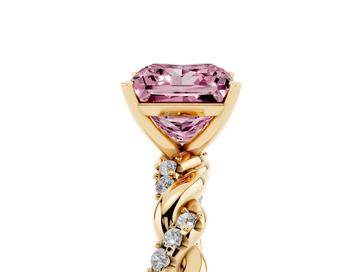 Fancy Pink Princess Cut Diamond Solitaire Ring with Twisted Band and Pavé Accents Yellow gold