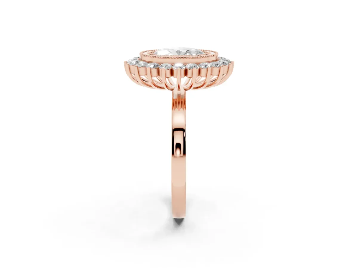 Oval Cut Halo Diamond Ring with Milgrain Edge and Round Prong Setting Rose gold