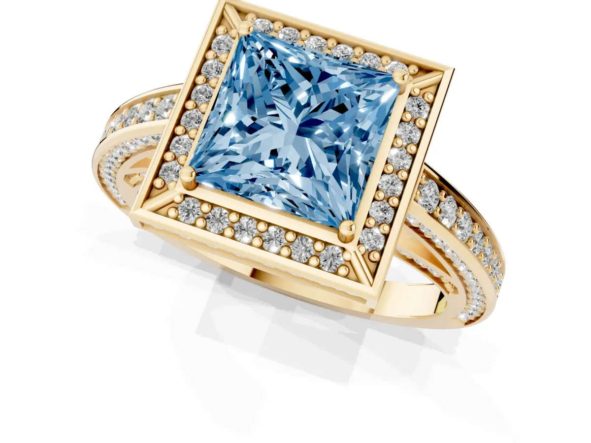 Fancy Blue Princess Cut Cut Halo Pave Split Shank Prong Setting Ring Yellow gold