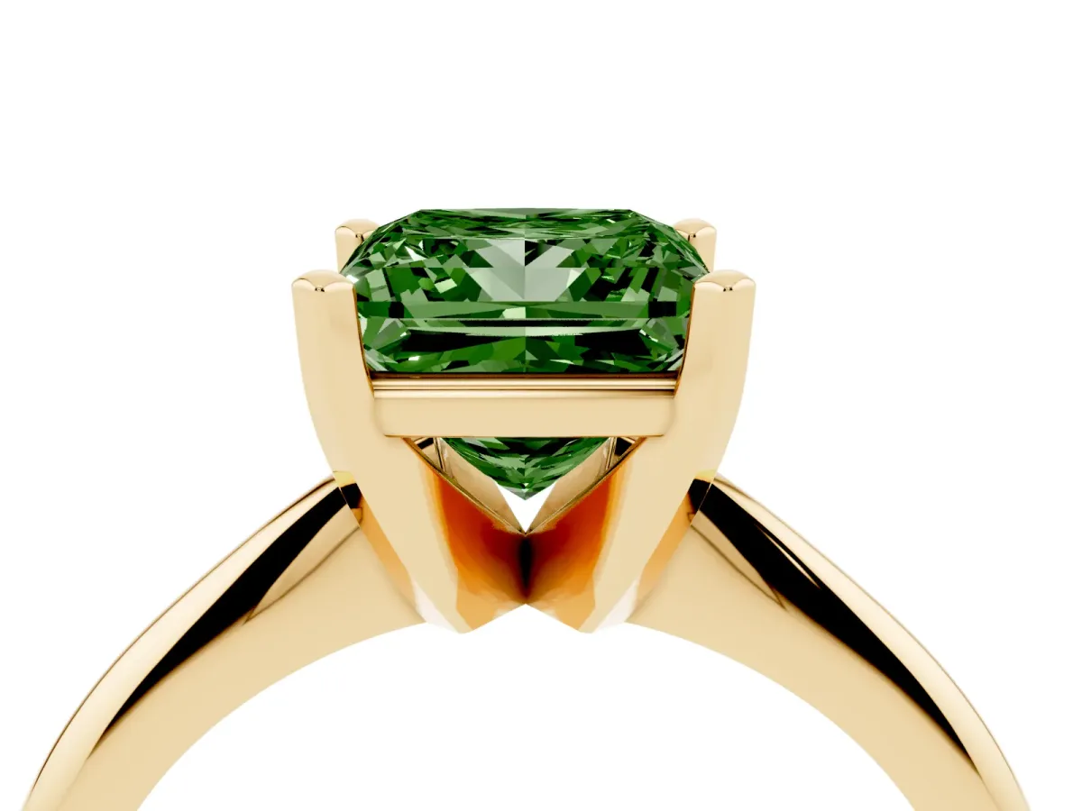 Fancy Green Princess Cut Cut Solitaire Ring with Four-Prong Setting on a Classic Band Yellow gold