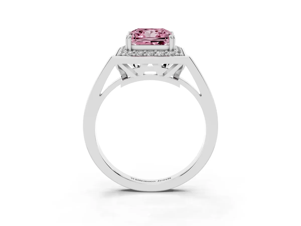 Fancy Pink Princess Cut Diamond Halo Ring with Split Shank and Four-Prong Setting Silver