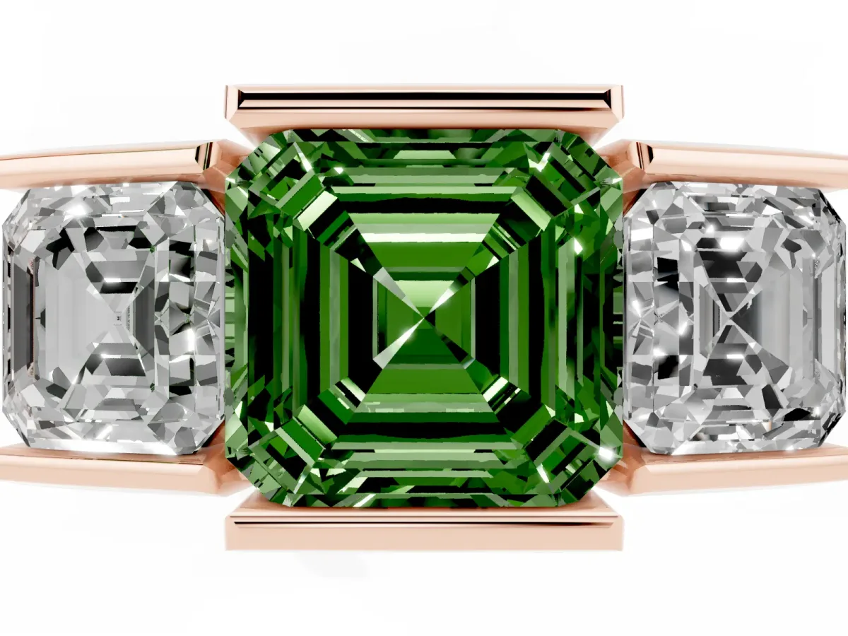 Fancy Green Three Stone Asscher Cut Cut Channel Set Diamond Ring Rose gold
