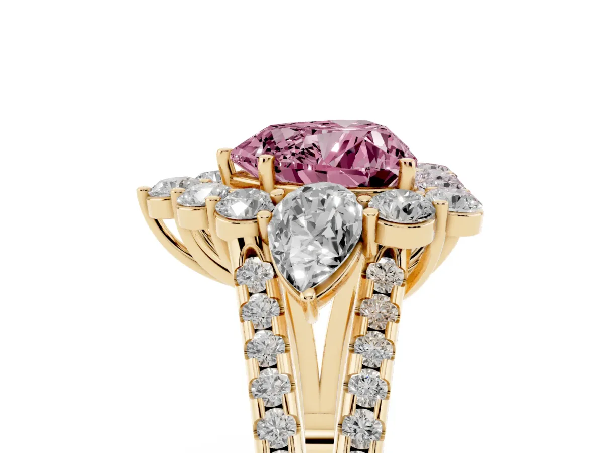 Fancy Pink Heart Cut Halo Split Shank Diamond Engagement Ring with Prong Setting Yellow gold