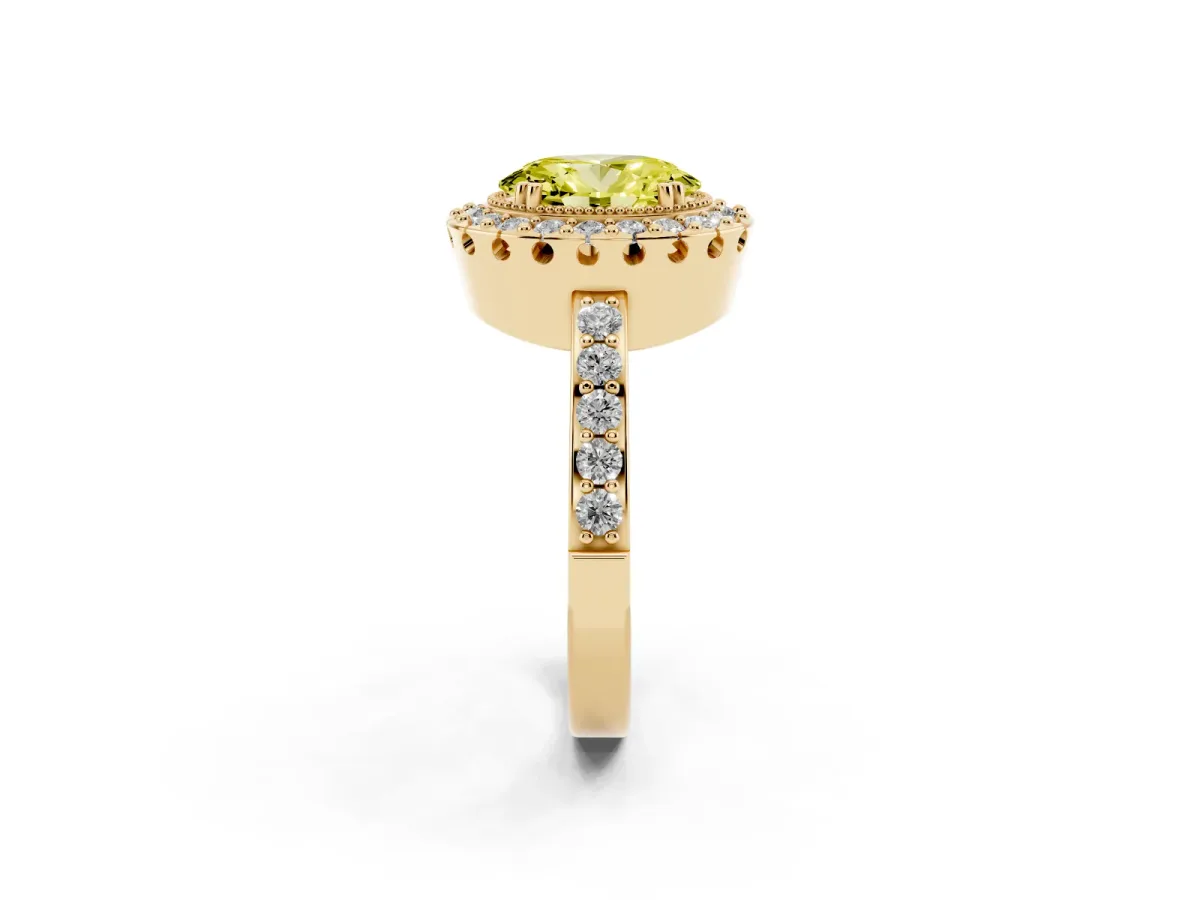 Fancy Yellow Oval Cut Diamond Halo Ring with Pavé Band and Prong Setting Yellow gold