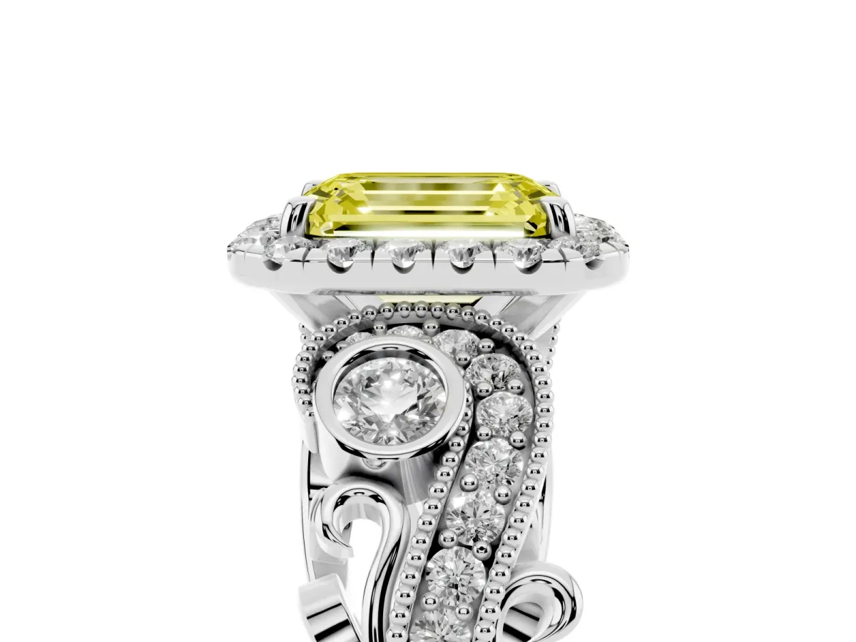 Fancy Yellow Emerald Cut Diamond Halo Ring with Milgrain Pavé Band and Four-Prong Setting White gold