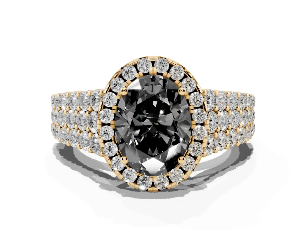 Fancy Black Oval Cut Diamond Halo Engagement Ring with Triple Row Round Pavé Band and Prong Setting Yellow gold