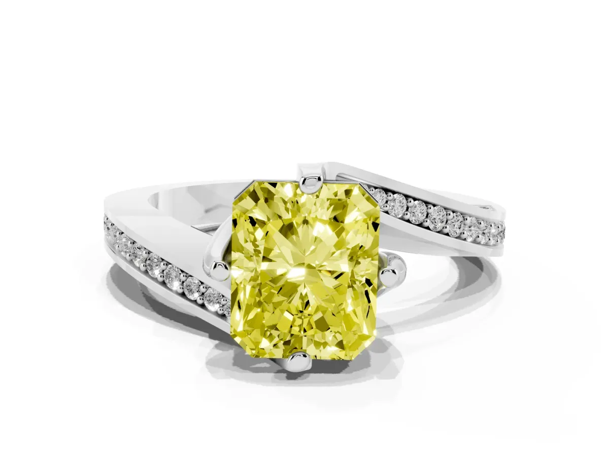 Fancy Yellow Radiant Cut Solitaire Diamond Twist Band with Pavé Setting and Four-Prong Setting Platinum