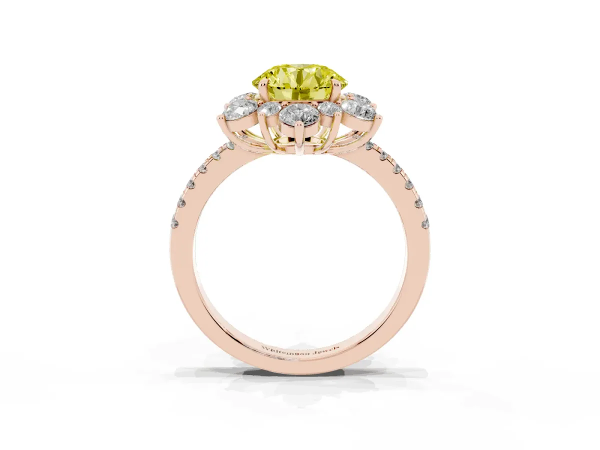 Fancy Yellow Round Cut Diamond Floral Halo Ring with Round Pavé Band and Prong Setting Rose gold