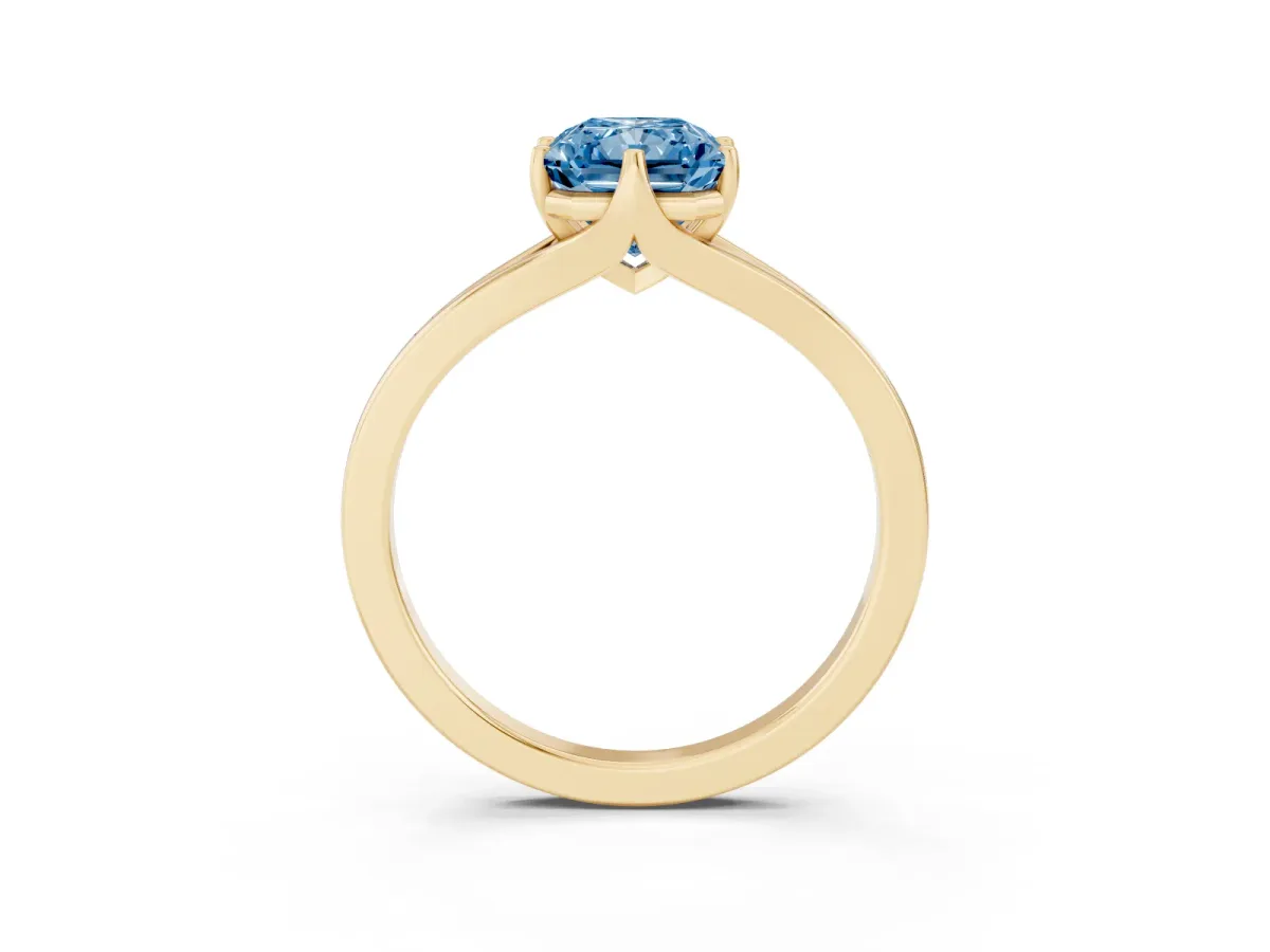Fancy Blue Radiant Cut Solitaire Diamond Ring with Six-Prong Setting and Tapered Band Yellow gold