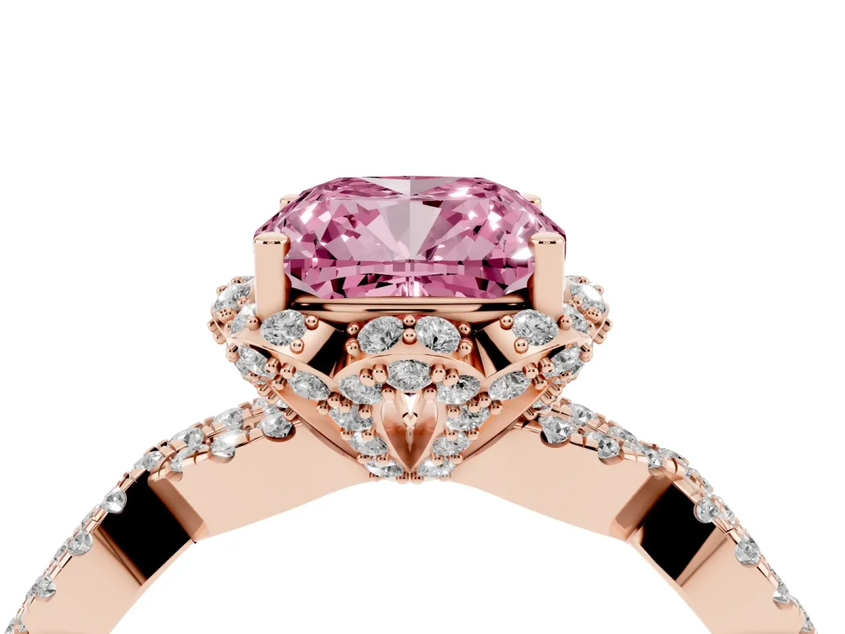 Fancy Pink Cushion Cut Halo Twist Band Solitaire Ring with Six-Prong Setting Rose gold