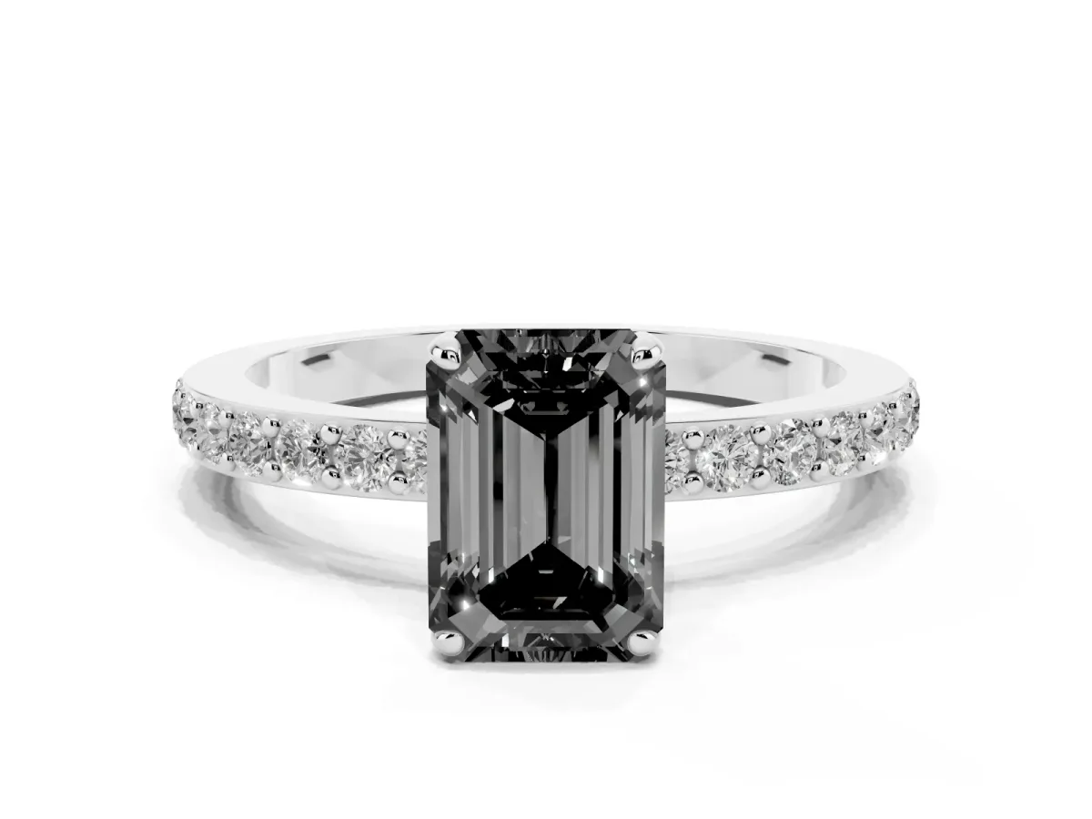 Fancy Black Emerald Cut Diamond Solitaire Engagement Ring with Pavé Band and Four-Prong Setting Platinum