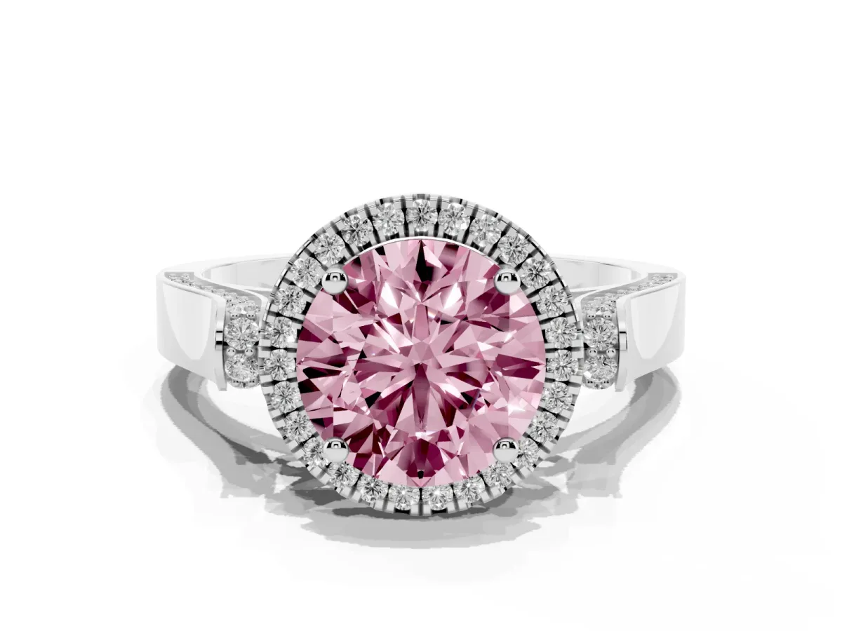 Fancy Pink Round Cut Halo Pave Split Shank Prong Setting Ring Silver