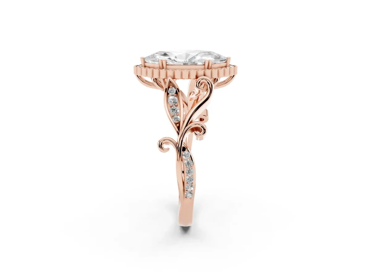 Marquise Cut Diamond Halo Ring with Vintage Split Shank and Four-Prong Setting Rose gold