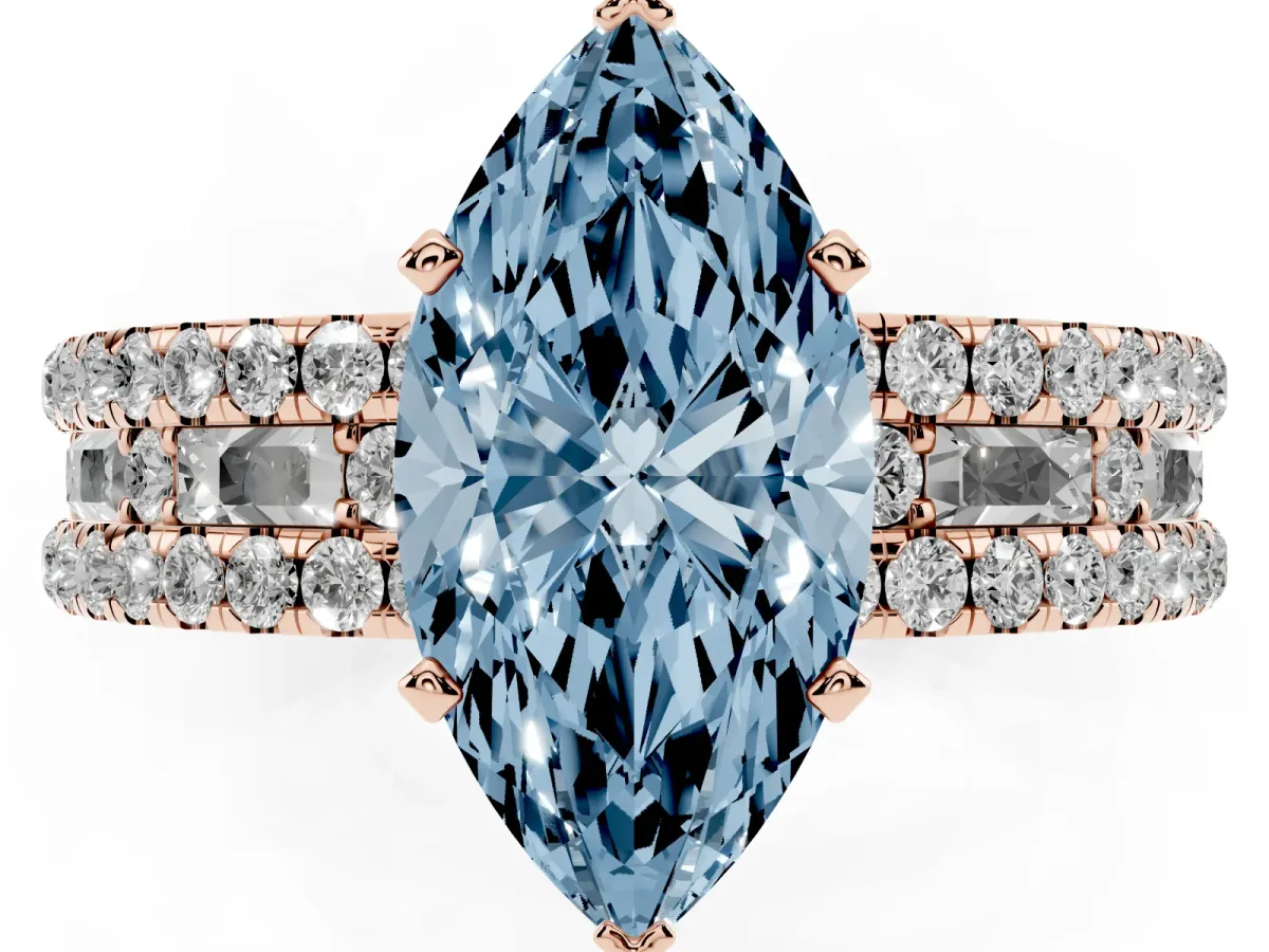 Fancy Blue Marquise Cut Diamond Solitaire Ring with Pavé and Channel Set Band Rose gold