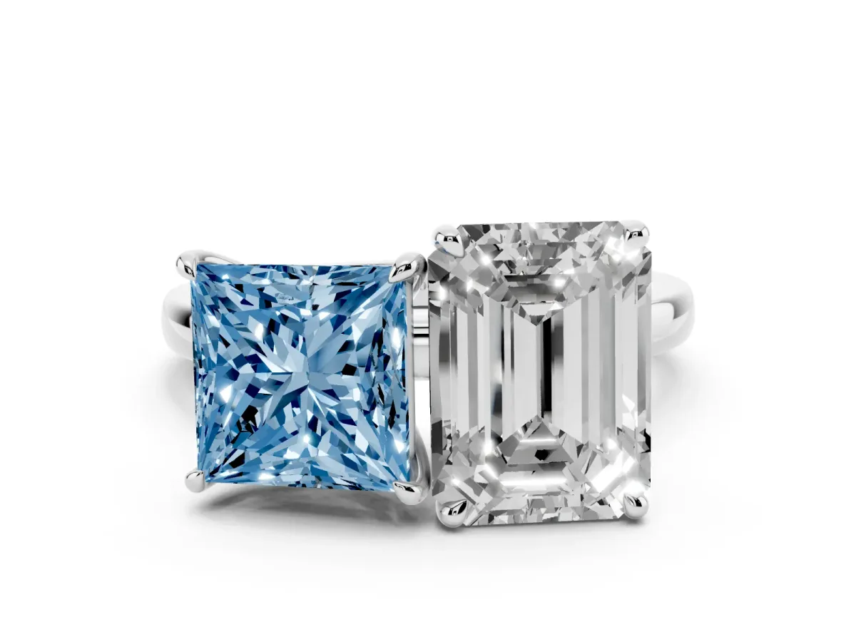 Fancy Blue Princess Cut and Emerald Cut Toi Moi Ring with Prong Setting Platinum