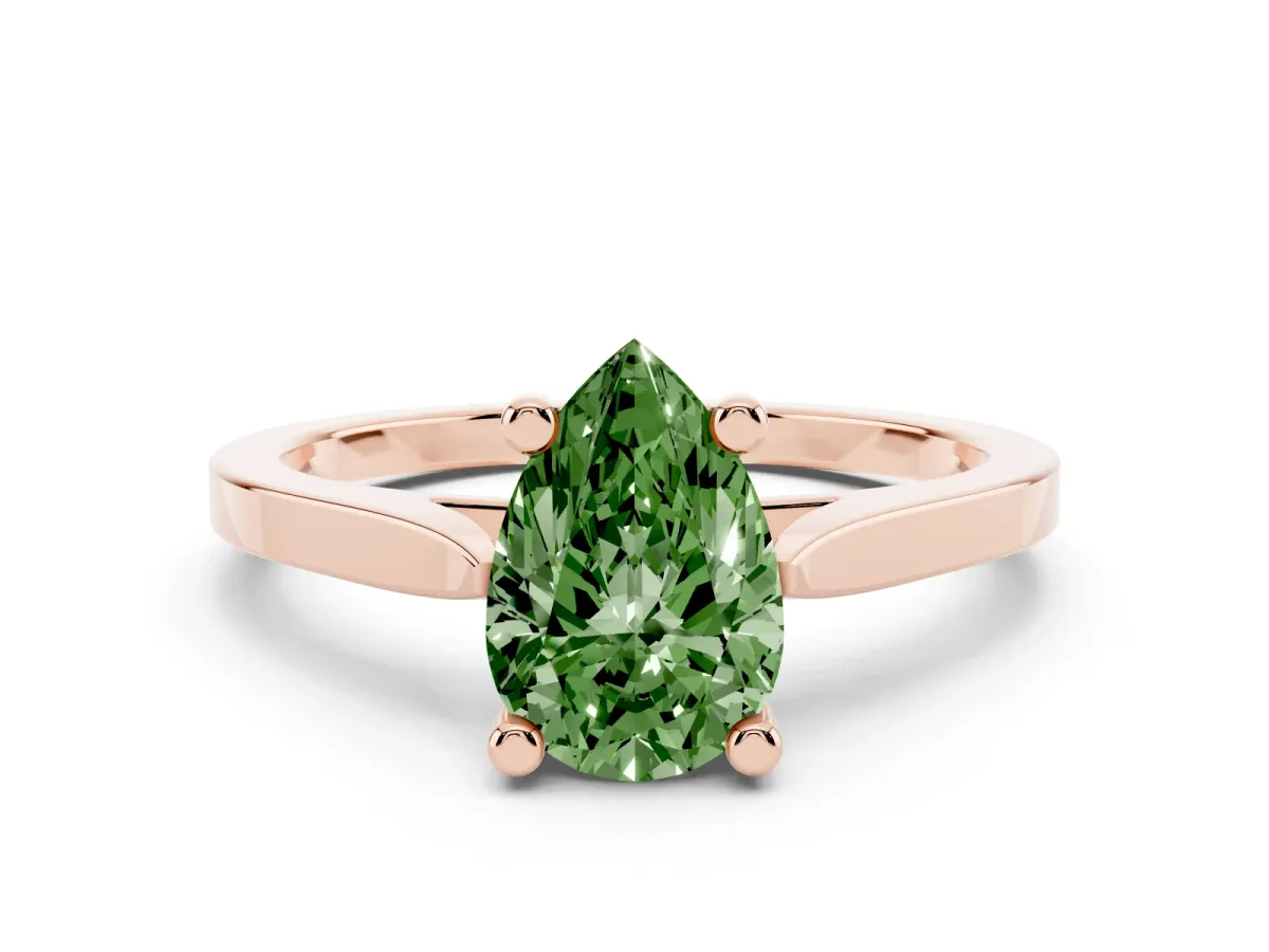 Fancy Green Pear Cut Solitaire Diamond Ring with Four-Prong Setting and Tapered Band Rose gold