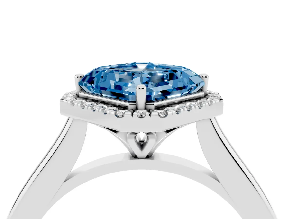 Fancy Blue Asscher Cut Halo Round Diamond Solitaire Engagement Ring with Pave Band and Four-Prong Setting White gold