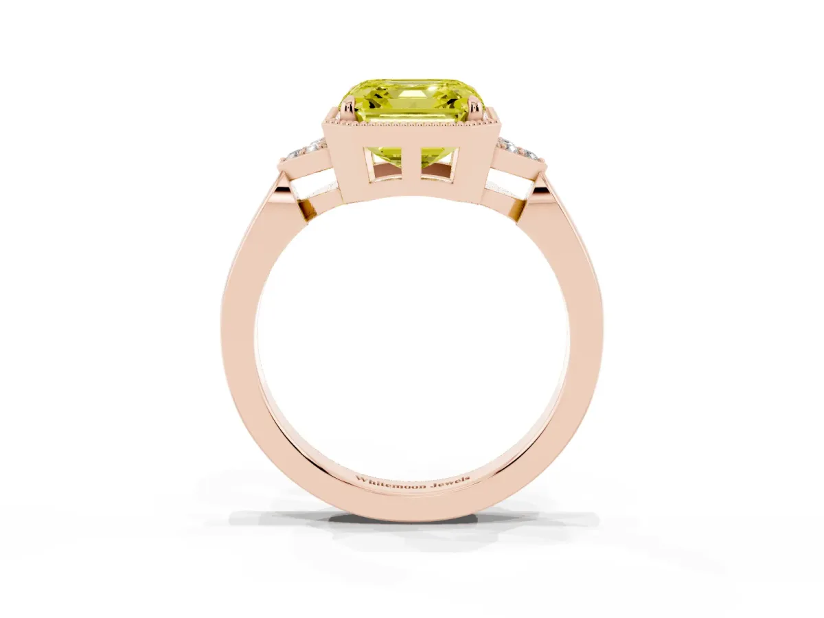 Fancy Yellow Asscher Cut Diamond Halo Ring with Tapered Band and Four-Prong Setting Rose gold