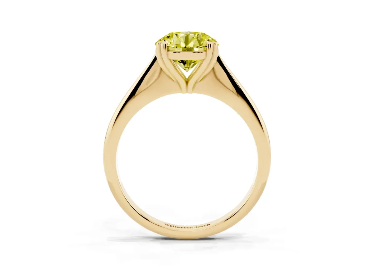 Fancy Yellow Round Cut Solitaire Diamond Ring with Six-Prong Setting and Classic Band Yellow gold