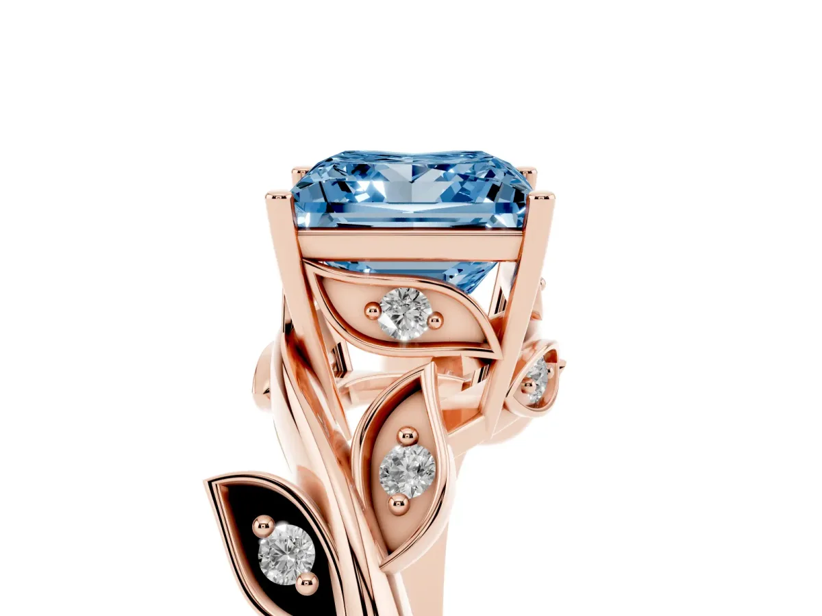 Fancy Blue Princess Cut Solitaire Twist Engagement Ring with Leaf Accents and Prong Setting Rose gold