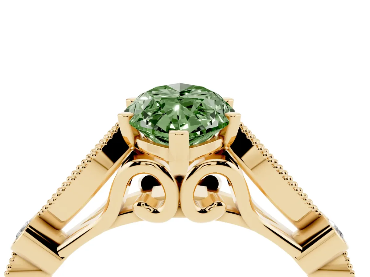 Fancy Green Marquise Cut Cut Diamond with Milgrain Marquise and Bezel Accents on a Solitaire Band with Prong Setting Yellow gold
